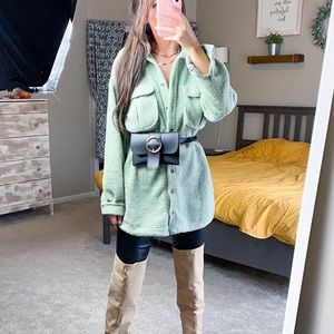 Green Teddy Button Down Top